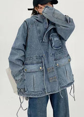 Stilvolles blaues Kapuzentaschen-Kordelzug-Patchwork-Jeanstop